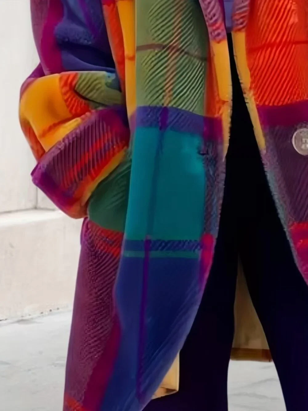 Lady's Checkered Color-blocking Coat, Elegant Checked Color-blocking Jacket